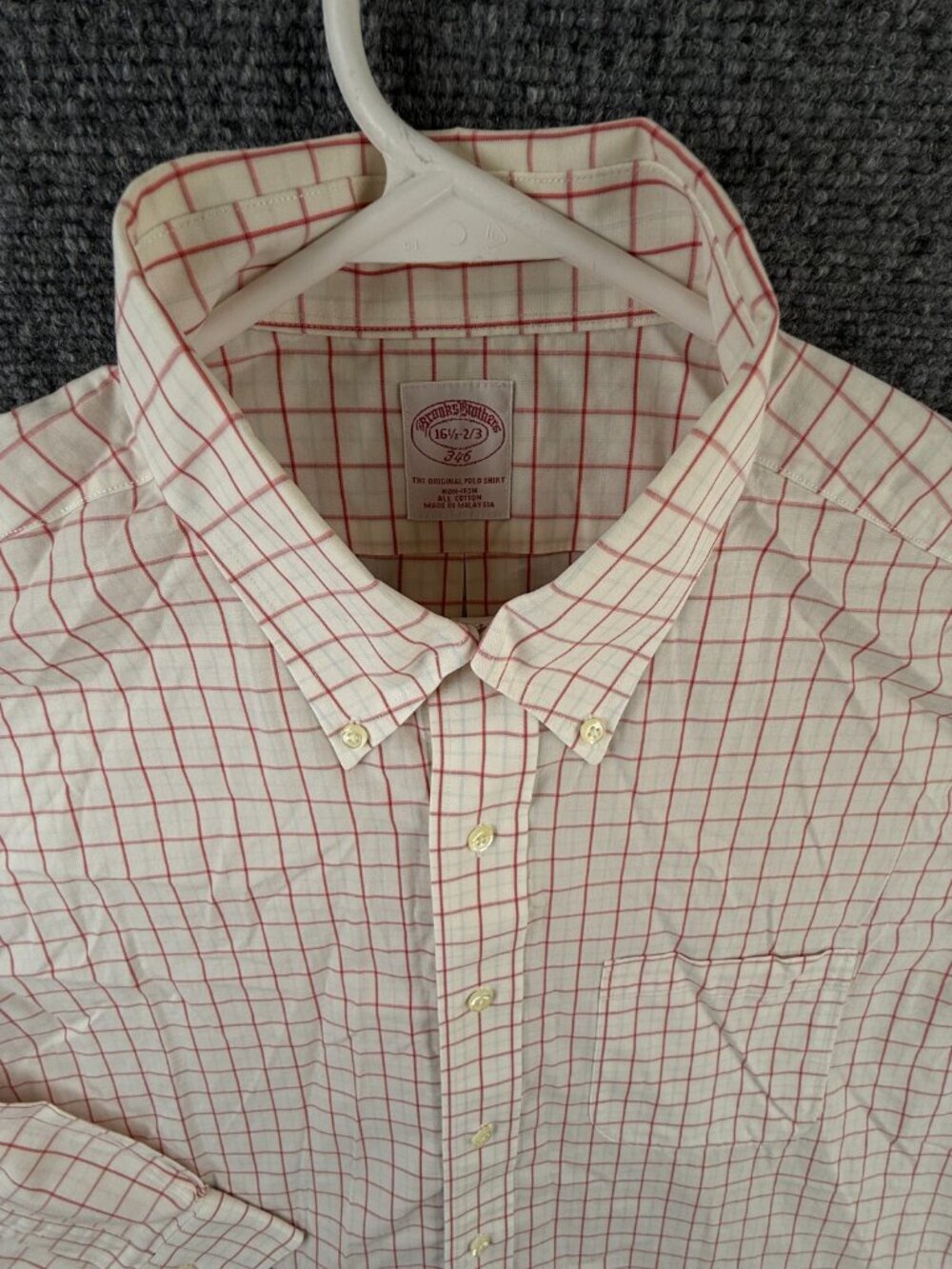 Brooks Brothers Non Iron Button Up Shirt Long Sleeve Red Ivory Check 16.5 32/33*